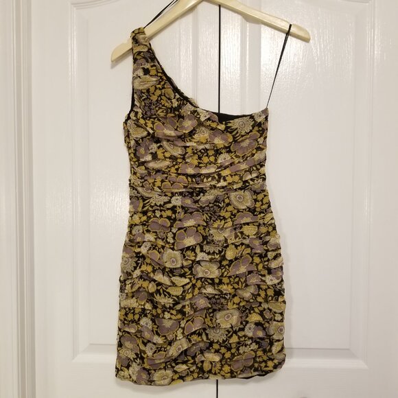 NWT Zara One Shoulder Dress Gold Pleated Floral Mini Ruched Bodycon Formal Dress - Picture 5 of 16